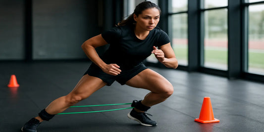 Athletic woman performing lateral shuffles in a gym, ankle straps connected by green resistance bands between cones.