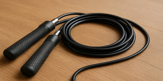 Tangle-free jump rope with black handles neatly coiled on a wooden floor, perfect for smooth and efficient workouts.