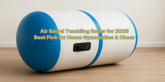 Inflatable air barrel roller in white and blue resting on a wooden floor, ideal for home gymnastics, cheer training, and balance exercises.