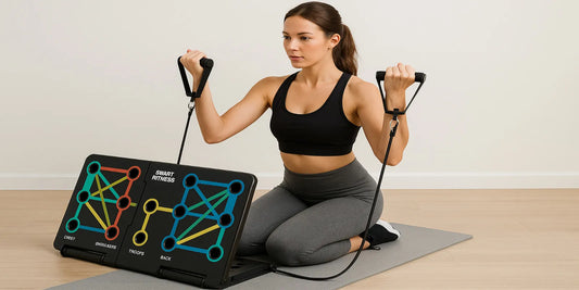 A woman exercises at home using a 6-in-1 foldable smart fitness board with resistance bands, demonstrating a full body workout in a bright room.