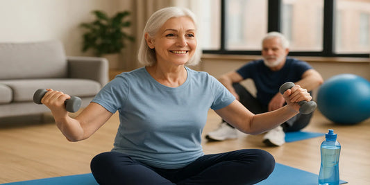 Smiling senior woman exercising with dumbbells on a yoga mat indoors, with a senior man stretching in the background.