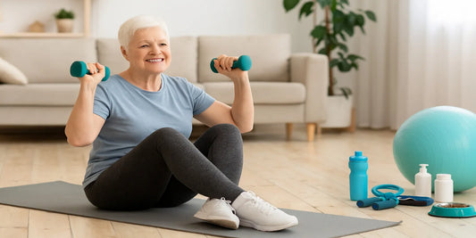 Elderly woman exercising with dumbbells on a yoga mat in a bright living room, surrounded by fitness gear and natural light.