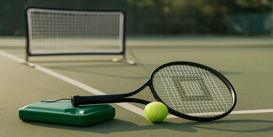 A tennis rebounder trainer set with racket, ball, and base on a sunlit court, with a practice net in the background and soft natural lighting.