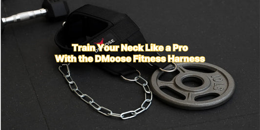 High-quality DMoose fitness neck harness with weight chain and plate, designed for safe and effective neck strength training at home or in the gym.