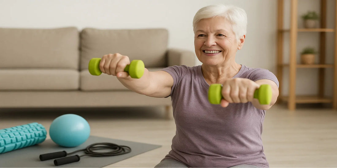 Smiling senior woman exercising at home with green dumbbells, sitting on a yoga mat beside a foam roller, ball, and jump rope in a bright room.