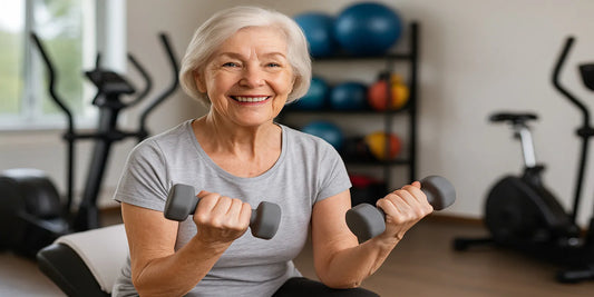 A smiling senior woman exercises with light dumbbells in a bright gym, showing safe and easy fitness equipment for adults over 50.