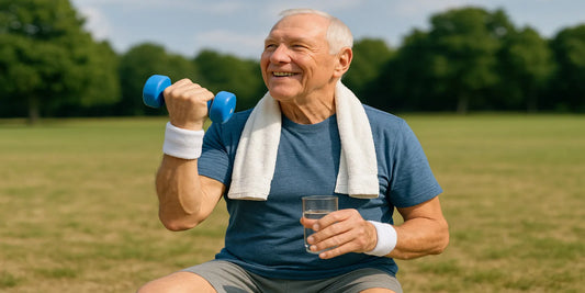 Smiling senior man exercising outdoors with a blue dumbbell in one hand and a glass of water in the other, promoting healthy and active aging.
