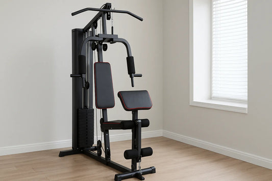 Compact black and red home gym machine in a minimal room, ideal for full-body workouts and small space fitness in 2025.