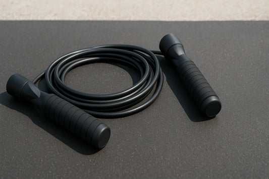 Weighted jump rope with black handles coiled on a gym floor, perfect for fat-burning and strength-building workouts in 2025.