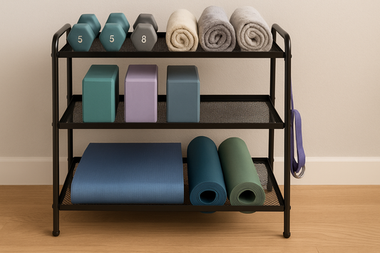 Three-tier black metal home gym storage rack holding yoga mats, dumbbells, blocks, towels, and a strap—perfect for organizing workout gear.