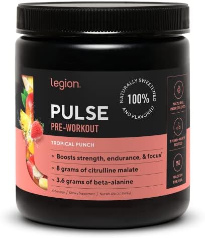 LEGION Pulse Pre Workout - All Natural Nitric Oxide Preworkout Drink to Boost Energy, Creatine Free, Naturally Sweetened, Beta Alanine, Citrulline, Alpha GPC (Tropical Punch)