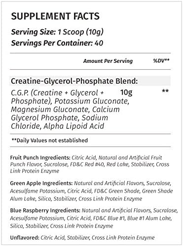 Metabolic Nutrition, CGP, Creatine Glycerol Phosphate, 100% Micronized Creatine Powder, Pre Intra Post Workout Supplement, Blue Raspberry, 400 Grams (40 Servings)