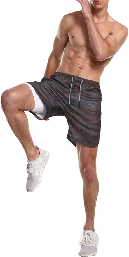 EVERWORTH Men's 2-in-1 Bodybuilding Workout Shorts Lightweight Gym Training Short Running Athletic Jogger with Zipper Pockets