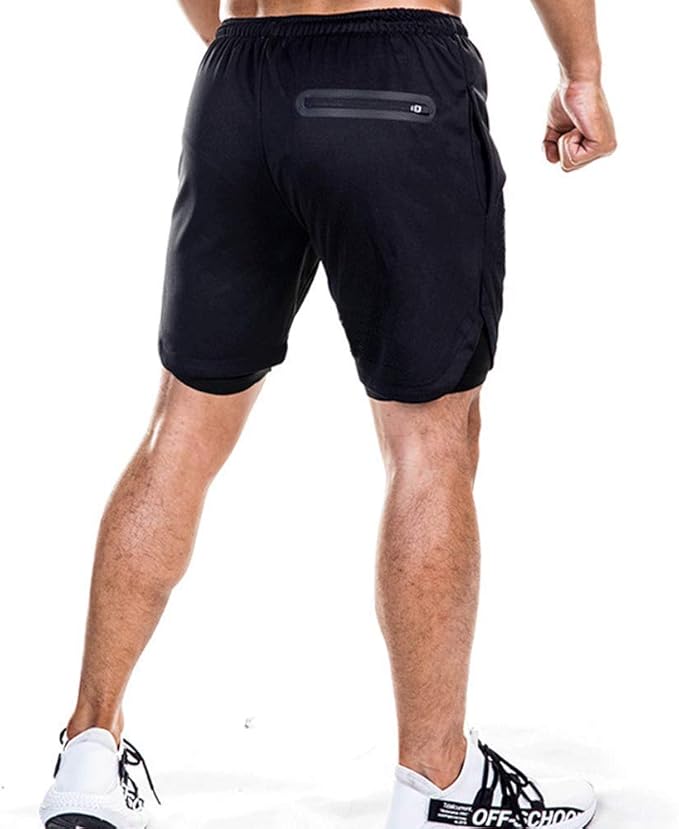 EVERWORTH Men's 2-in-1 Bodybuilding Workout Shorts Lightweight Gym Training Short Running Athletic Jogger with Zipper Pockets