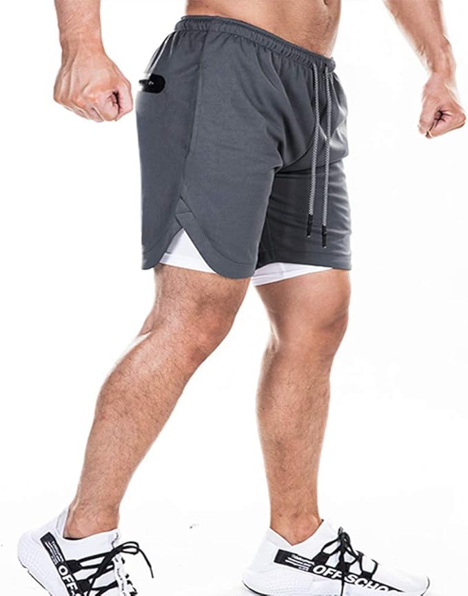 EVERWORTH Men's 2-in-1 Bodybuilding Workout Shorts Lightweight Gym Training Short Running Athletic Jogger with Zipper Pockets