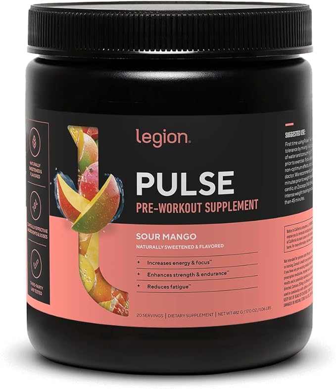 LEGION Pulse Pre Workout Supplement - All Natural Nitric Oxide Preworkout Drink to Boost Energy, Creatine Free, Naturally Sweetened, Beta Alanine, Citrulline, Alpha GPC (Sour Mango)