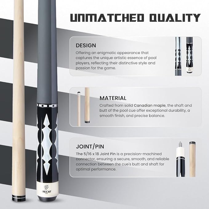 Big Cat Timeless Legacy Pool Cue Stick - 12.5mm Professional 58†Length, 20oz, Black