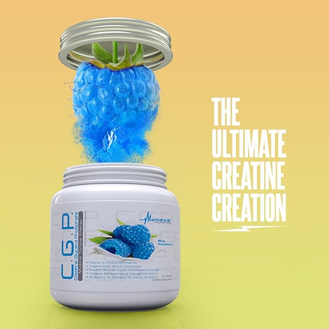 Metabolic Nutrition, CGP, Creatine Glycerol Phosphate, 100% Micronized Creatine Powder, Pre Intra Post Workout Supplement, Blue Raspberry, 400 Grams (40 Servings)