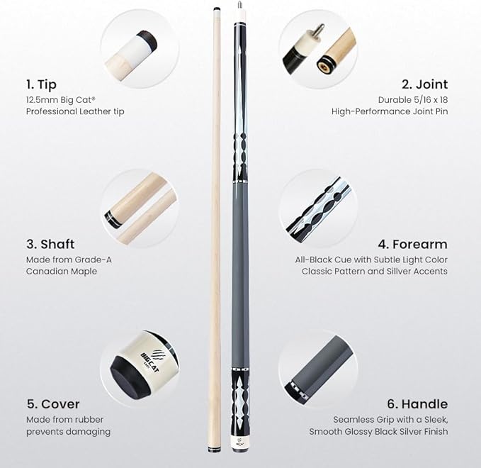 Big Cat Timeless Legacy Pool Cue Stick - 12.5mm Professional 58†Length, 20oz, Black