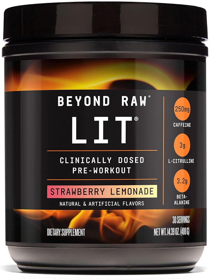 Beyond Raw LIT PreWorkout Powder Supplement For Men and Women, Energy, Focus, Endurance, Pumps, Nitric Oxide Boost, 250mg Caffeine, Creatine, Beta Alanine, Strawberry Lemonade, 30 Servings