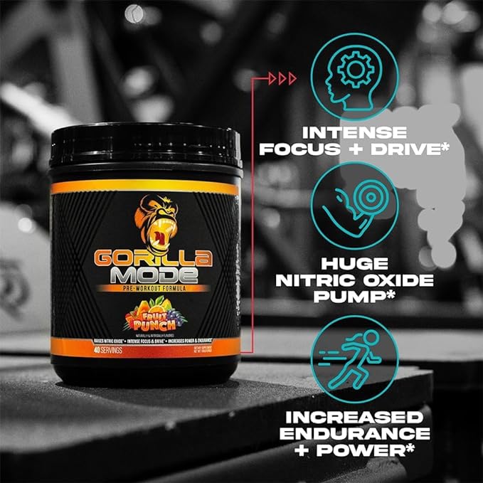 Gorilla Mind Pre Workout - Massive Pumps Laser Focus Energy Power - L-Citrulline, Creatine, L-Tyrosine, Betaine, Hydroprime, Alpha-GPC, 400mg Caffeine, Huperzine A 816g (Strawberry Kiwi)