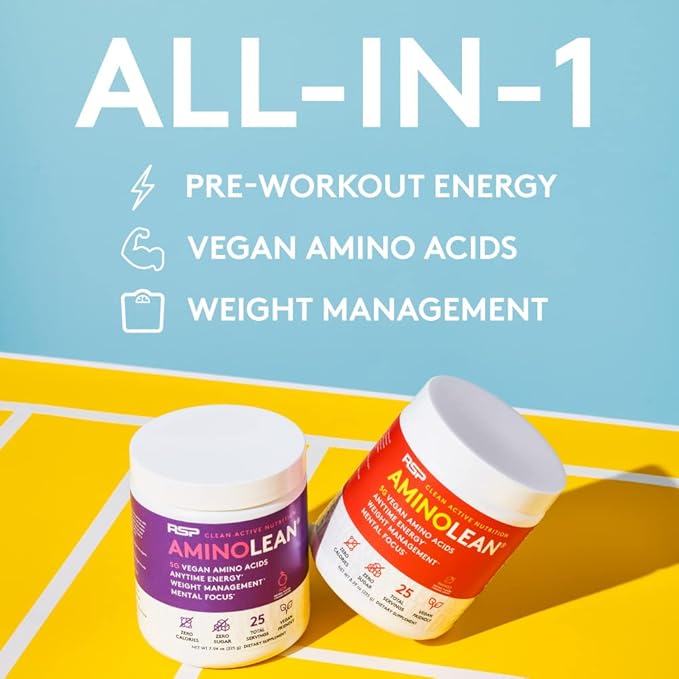 RSP NUTRITION AminoLean Natural Pre Workout Powder, Sucralose Free Amino Energy with No Artificial Dyes, Vegan BCAAs and Weight Management, Pineapple Coconut, 25 Serv