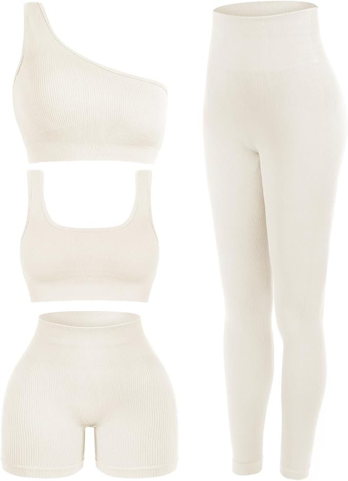 4 Pcs Women's Workout Sets Pilates Exercise Outfit Ribbed Scoop Neck Sports Bra Shorts Leggings Gym Clothes Set