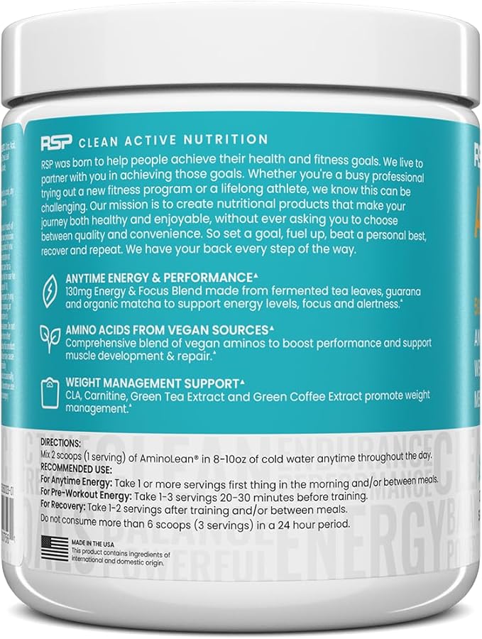 RSP NUTRITION AminoLean Natural Pre Workout Powder, Sucralose Free Amino Energy with No Artificial Dyes, Vegan BCAAs and Weight Management, Pineapple Coconut, 25 Serv