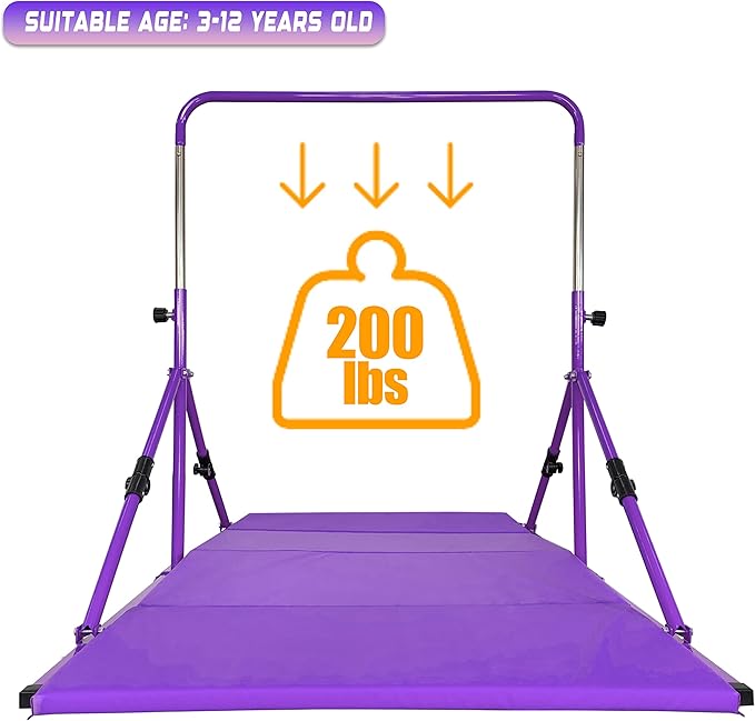 Upgrade Foldable Gymnastic Bar with Mat for Kids 3-12, 200 200 lbs