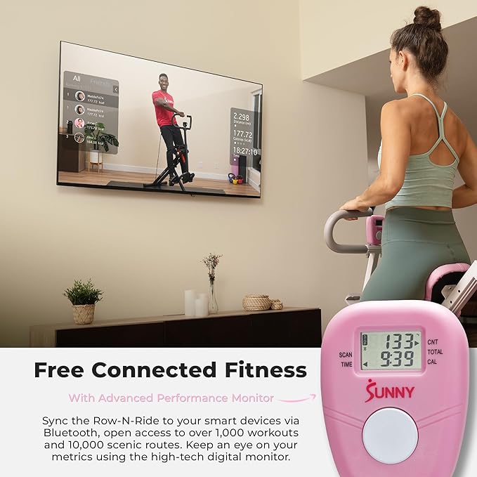 Sunny Health & Fitness Smart Upright Row-N-Ride Trainer w/Adjustable Resistance, Foldable Home Exercise Equipment for Arm, Glute & Leg Training, Free SunnyFit App Bluetooth Connect, Optional in Colors