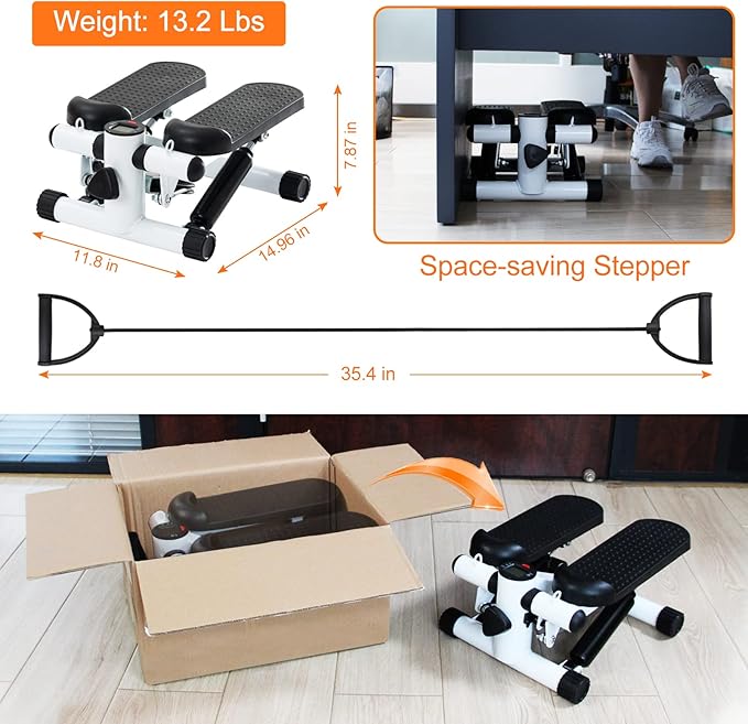 Mini Steppers for Exercise at Home, Stair Stepper with Resistance Bands Mini Stepper with 330LBS Loading Capacity, Hydraulic Fitness Stepper with LCD Monitor, Full Body Cardio Equipment