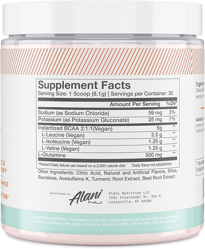 Alani Nu BCAA Sour Peach Ring | Branch Chain Essential Amino Acids | 2:1:1 Formula | Supplement Powder | Muscle Recovery Vitamins for Post-Workout | 30 Servings