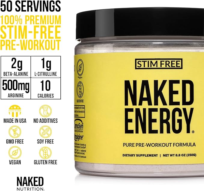 NAKED Energy - Stim Free Pre Workout Caffeine Free, for Men and Women, Vegan Friendly, No Artificial Sweeteners, Colors Or Flavors - 50 Servings