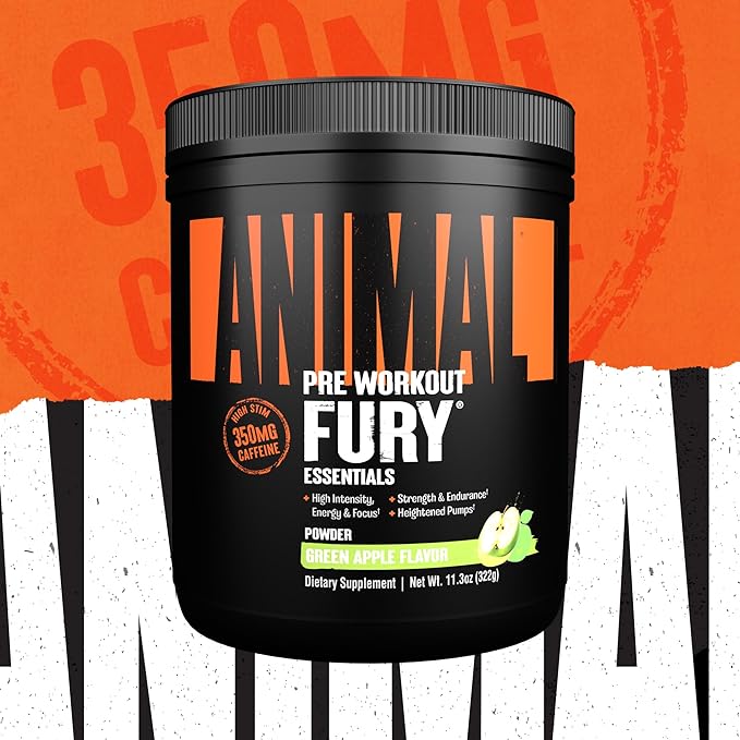 Animal Fury Pre Workout Powder Supplement – Energize Your Workout with More Focus, Energy, Endurance and Pumps, Green Apple - 20 Servings