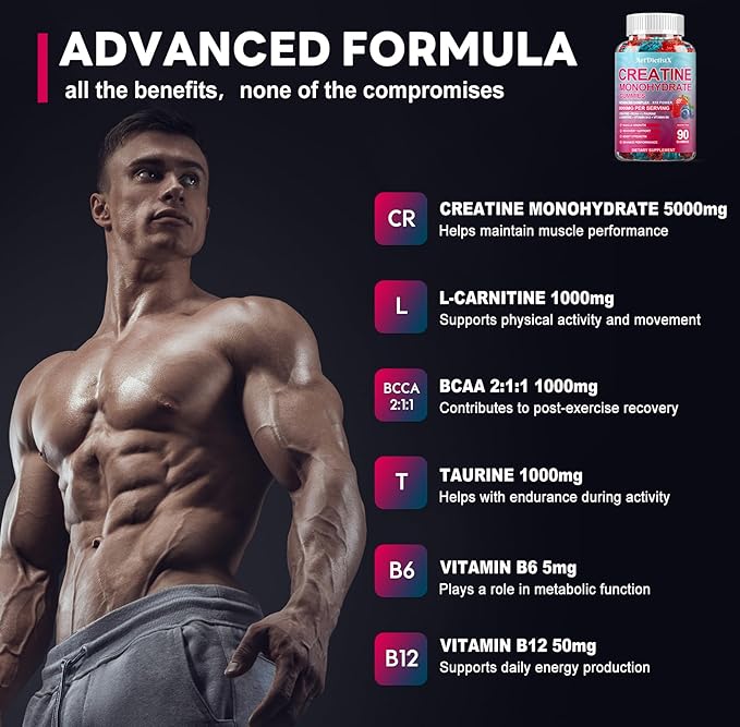 Creatine Monohydrate 8000mg Gummies with BCAA, L-Carnitine, Taurine & Vitamin B12 - Pre Workout Supplement for Muscle Growth, Strength & Energy, Multi-Flavor Chewable Gummies, 90 Count for Men & Women
