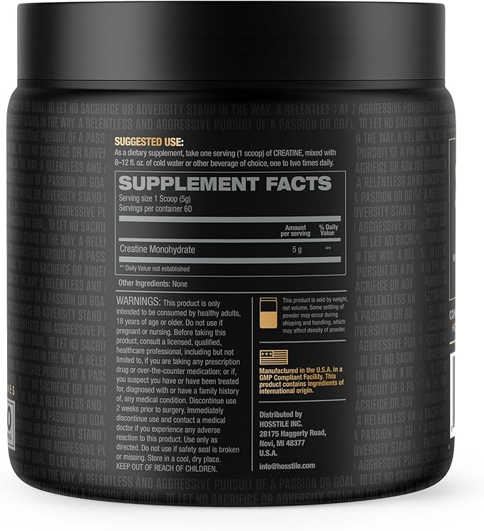 HOSSTILE Creatine, Micronized Creatine Monohydrate Powder for Men & Women, Improve Muscle Size, Strength & Power Output, Post Workout Recovery Drink, Unflavored, 60 Servings