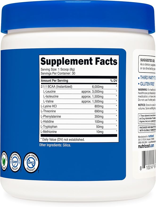 Nutricost EAA Powder 30 Servings (Unflavored) - Essential Amino Acids - Non-GMO, Gluten Free, Vegetarian Friendly