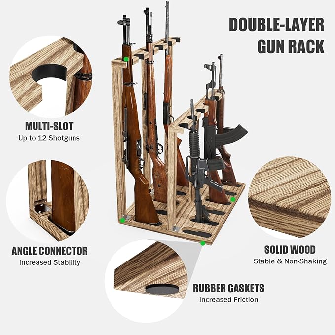 Indoor Gun Racks, Wooden Free Standing Heavy Duty Shotgun Display Rack, Rifle Stand Organizer, 12 Rifles Storage Holder Wood Gun Rack (Carbonized Black) (Carbonized Black, 1 Pack)
