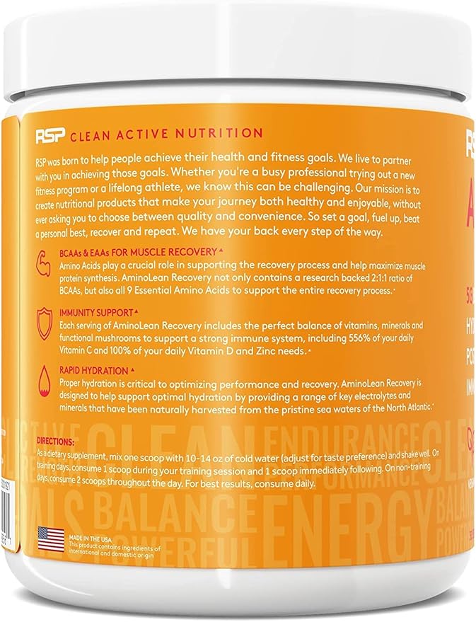RSP AminoLean Recovery - Post Workout BCAAs Amino Acids Supplement + Electrolytes, BCAAs and EAAs for Hydration Boost, Immunity Support - Muscle Recovery Drink, Vegan Aminos, Blood Orange…