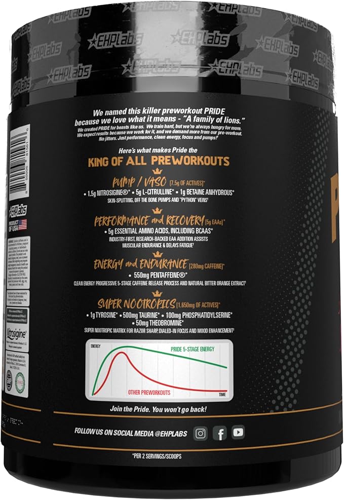 EHP Labs Pride Pre Workout Powder Energy Supplement - Sugar Free Preworkout for Men & Women, Energy Powder Boost Drink with BCAA - 280mg of Caffeine - Strawberry Snowcone (40 Servings)
