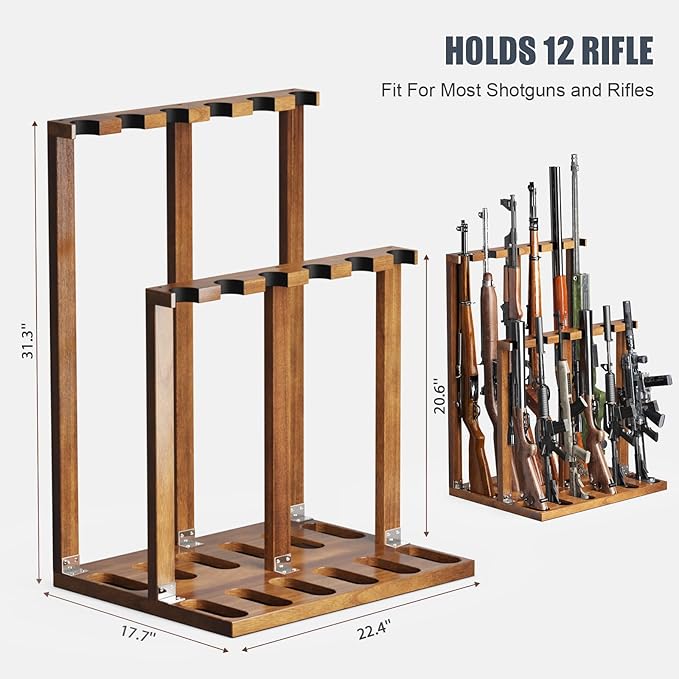 Indoor Gun Racks, Wooden Free Standing Heavy Duty Shotgun Display Rack, Rifle Stand Organizer, 12 Rifles Storage Holder Wood Gun Rack (Walnut)
