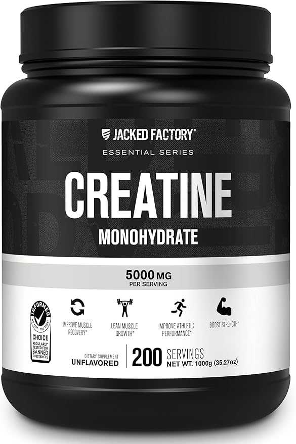 Jacked Factory Creatine Monohydrate Powder 1000g - Creatine Supplement for Muscle Growth, Increased Strength, Enhanced Energy Output and Improved Athletic Performance 200 Servings, Unflavored