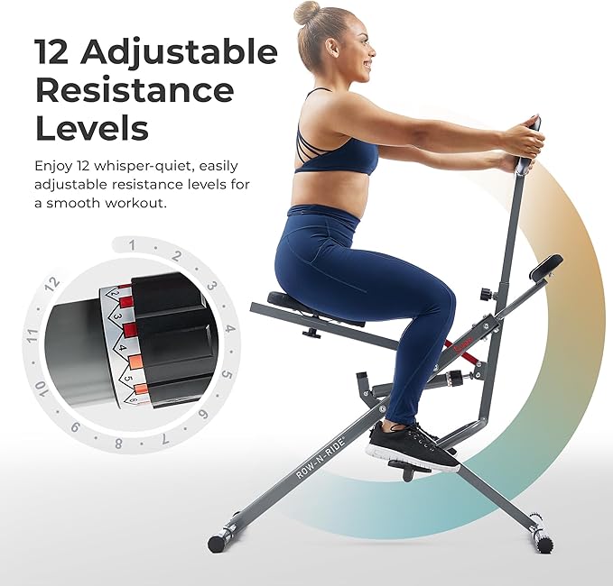 Sunny Health & Fitness Row-N-Ride PRO, Full Body Combo Squat Machine w/Optional Resistance Band, Easy Setup Ab Workout Exercise Equipment for Home, Whole Body Cardio, Optional SunnyFit App Connection