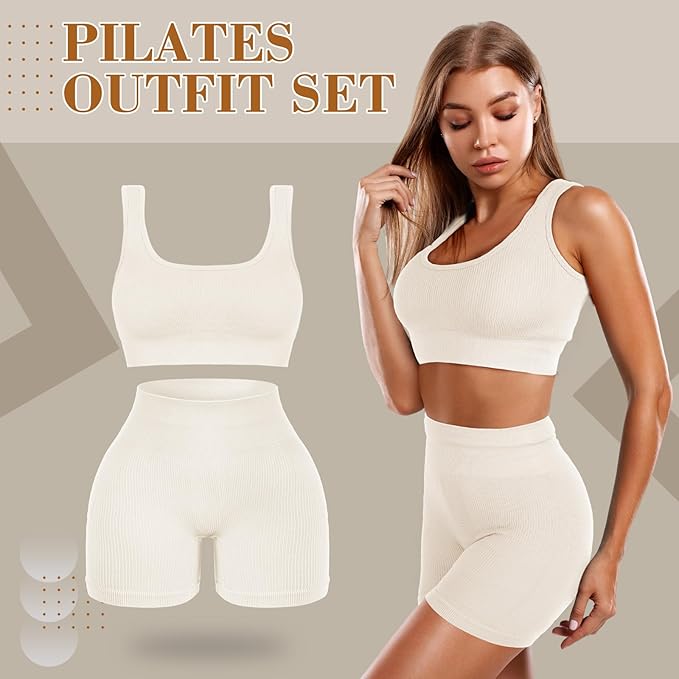 4 Pcs Women's Workout Sets Pilates Exercise Outfit Ribbed Scoop Neck Sports Bra Shorts Leggings Gym Clothes Set