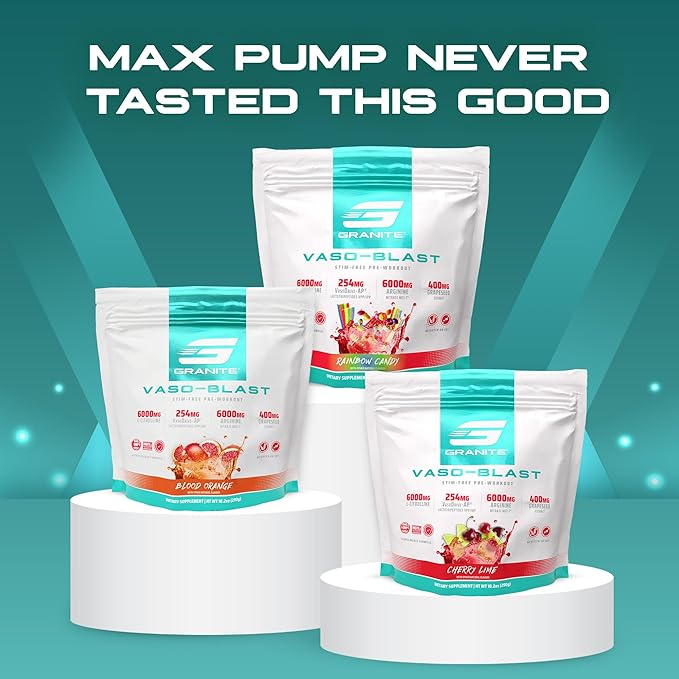 Granite Supplements Vaso Blast, Cherry Lime Flavor, Stimulant-Free Pre Workout for Men & Women with Grapeseed Extract, Arginine Nitrite, & VasoDrive-AP for Max Pump (20 Servings)