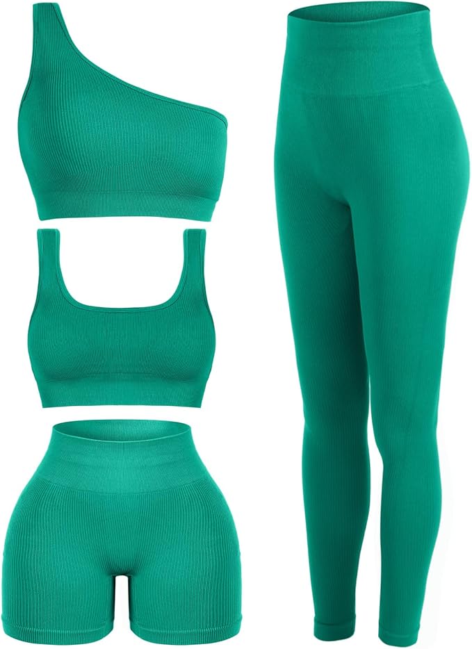 4 Pcs Women's Workout Sets Pilates Exercise Outfit Ribbed Scoop Neck Sports Bra Shorts Leggings Gym Clothes Set