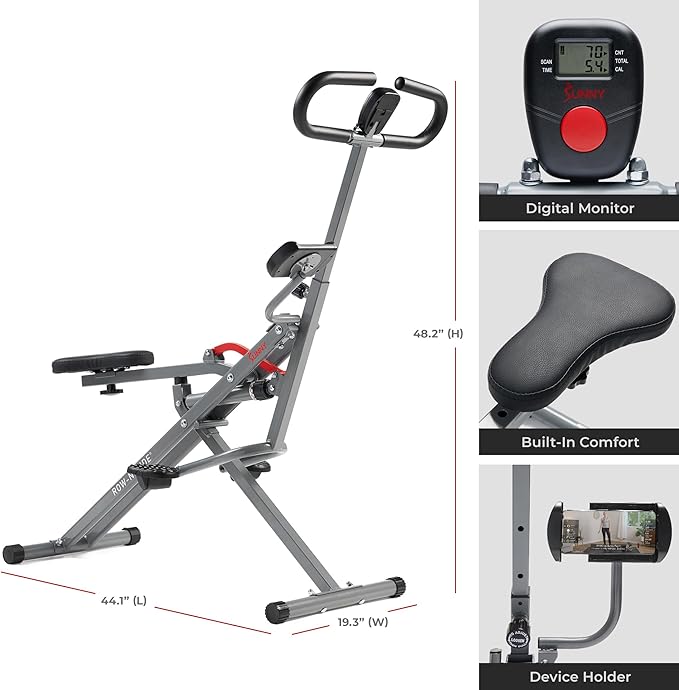 Sunny Health & Fitness Row-N-Ride PRO, Full Body Combo Squat Machine w/Optional Resistance Band, Easy Setup Ab Workout Exercise Equipment for Home, Whole Body Cardio, Optional SunnyFit App Connection