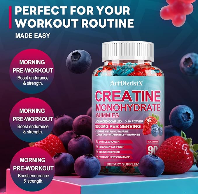 Creatine Monohydrate 8000mg Gummies with BCAA, L-Carnitine, Taurine & Vitamin B12 - Pre Workout Supplement for Muscle Growth, Strength & Energy, Multi-Flavor Chewable Gummies, 90 Count for Men & Women