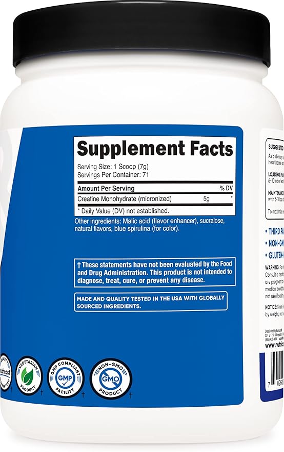 Nutricost Creatine Monohydrate Powder (Blue Raspberry) 500 Grams (1.1 LBS)