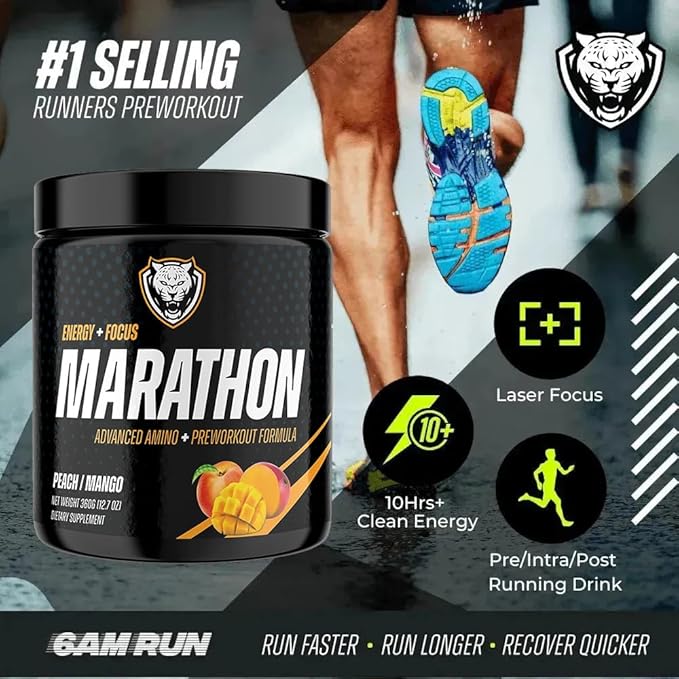 6AM Run Marathon, Pre Workout Powder for Distance Running, High Energy Amino Formula, for Cardio and Stamina, No Jitters, All Natural, Keto, Vegan, Peach Mango Flavor, 40 Servings